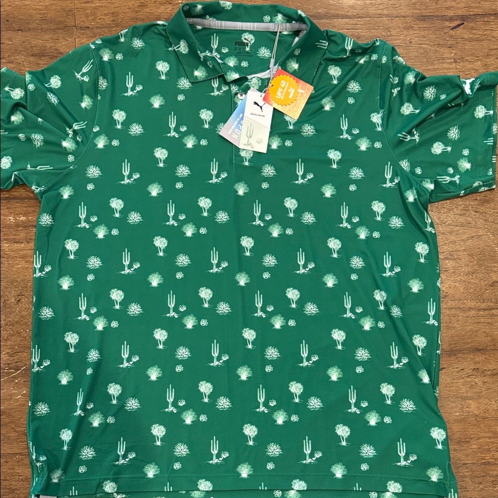 Puma Men's Green Cactus-Print Polo Shirt